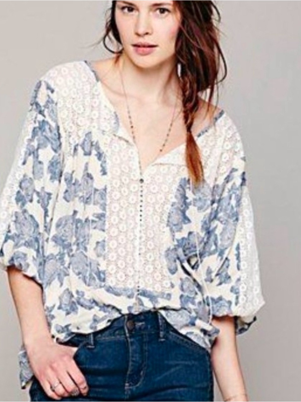 Free People Moon River Blue & Lace Tunic Top 🩵